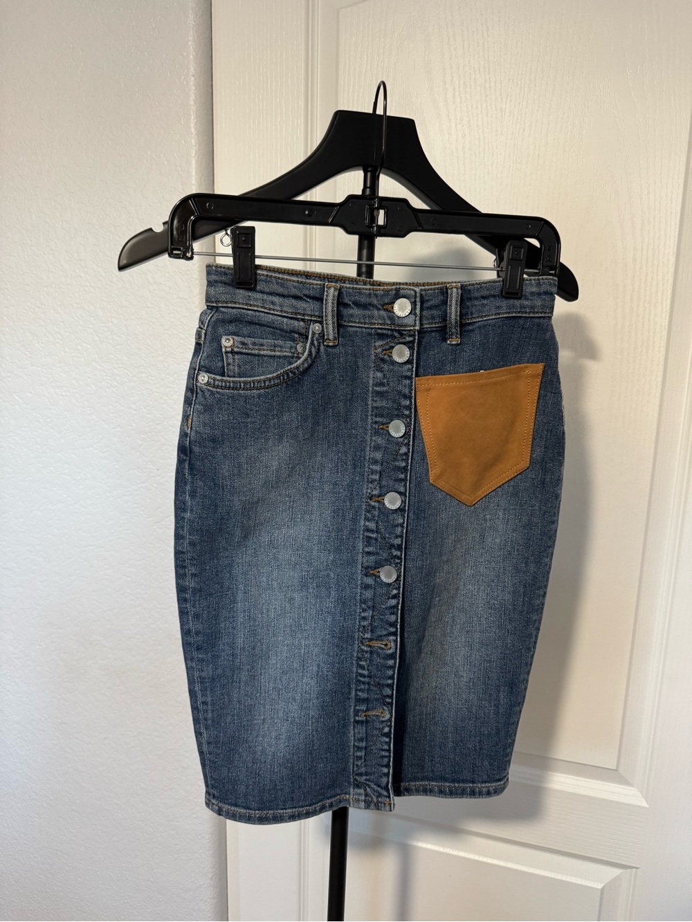 All Saints Blue Denim Pencil Skirt with Suede Pocket NWOT